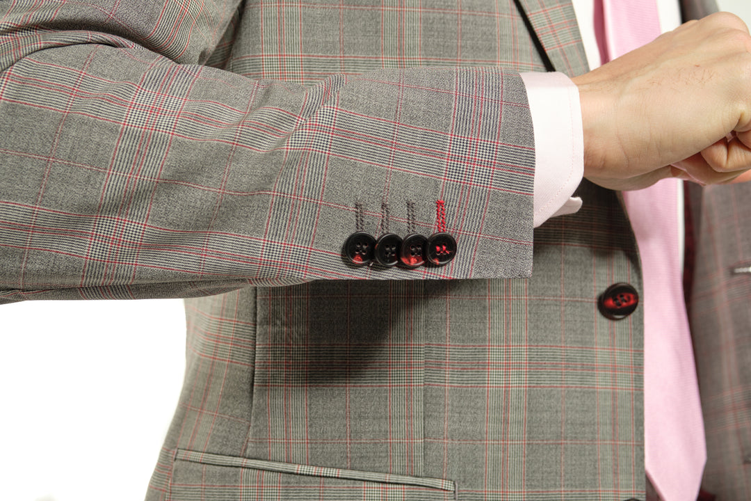 Italy Direct Slim Fit Grey Plaid With Red Detail Two Piece GB-ITA-308 4 Italy Direct Slim Fit Grey Plaid With Red Detail Two Piece GB-ITA-308
