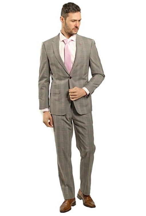 Italy Direct Slim Fit Grey Plaid With Red Detail Two Piece GB-ITA-308 3 Italy Direct Slim Fit Grey Plaid With Red Detail Two Piece GB-ITA-308