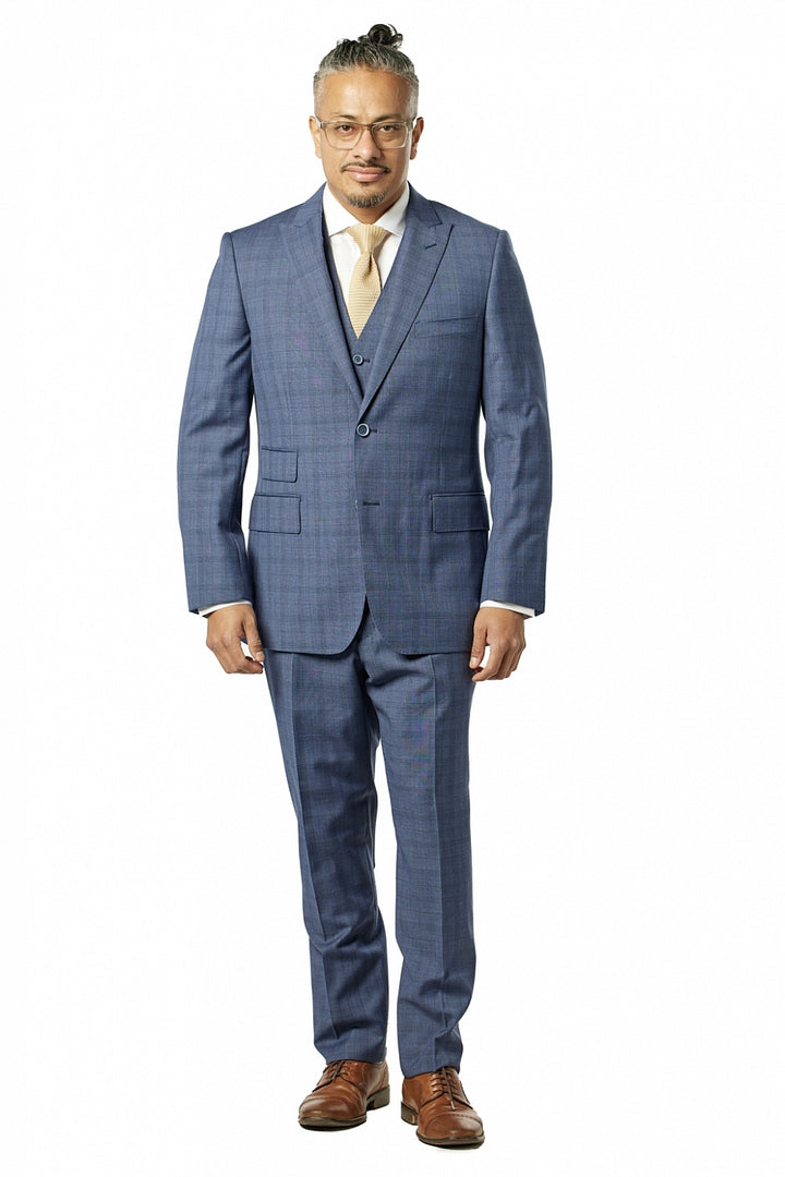 Italy Direct Shop Men's Classic Fit Blue Check Three Piece Suit ST-3P-401 3 Italy Direct Shop Men's Classic Fit Blue Check Three Piece Suit ST-3P-401