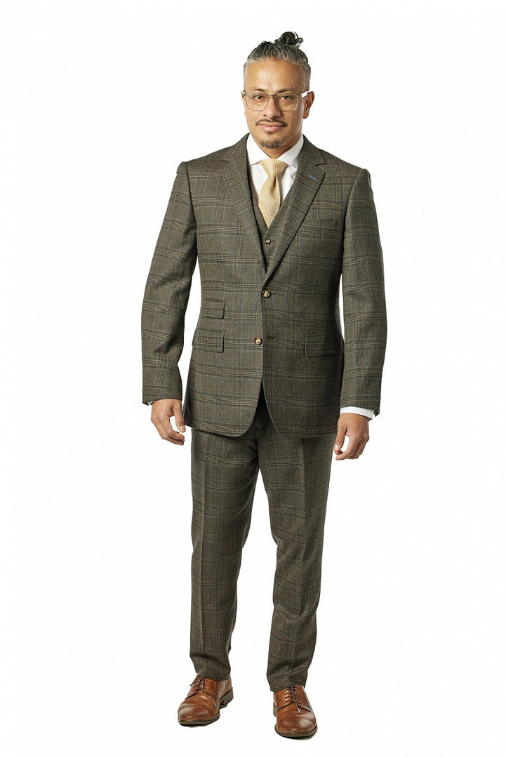 Italy Direct Modern Fit Brown Check Three Piece Suit B-3P-603 3 Italy Direct Modern Fit Brown Check Three Piece Suit B-3P-603