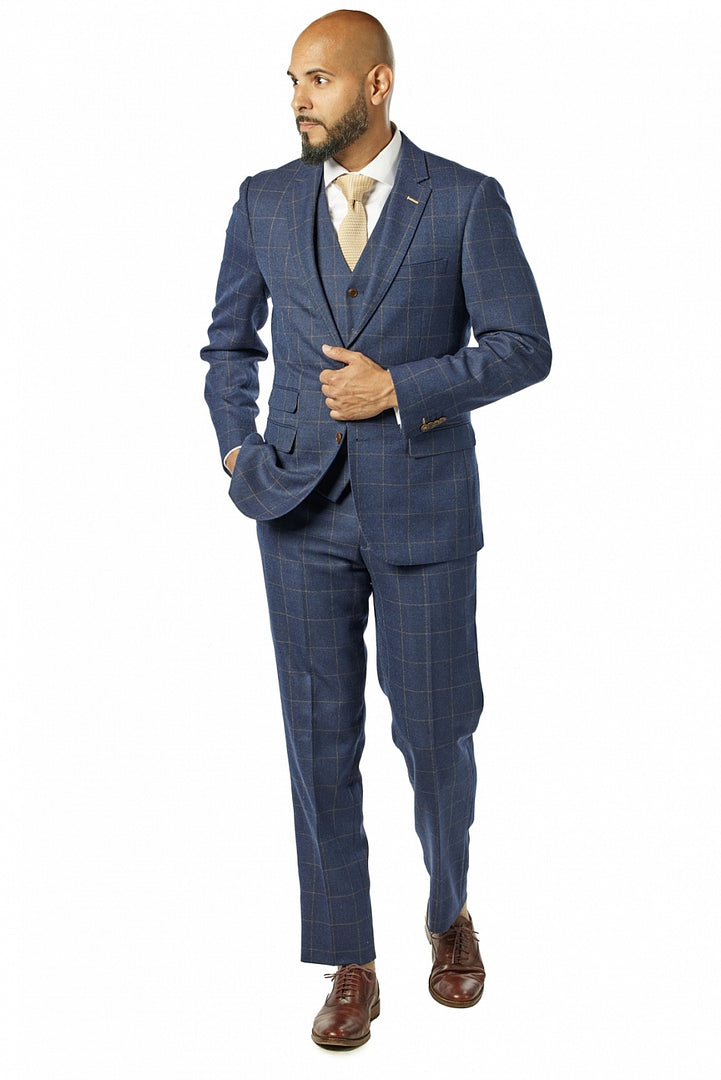Italy Direct Shop Men's Slim Fit Navy Gold Windowpane Three Piece Suit GB-3P-322 3 Italy Direct Shop Men's Slim Fit Navy Gold Windowpane Three Piece Suit GB-3P-322
